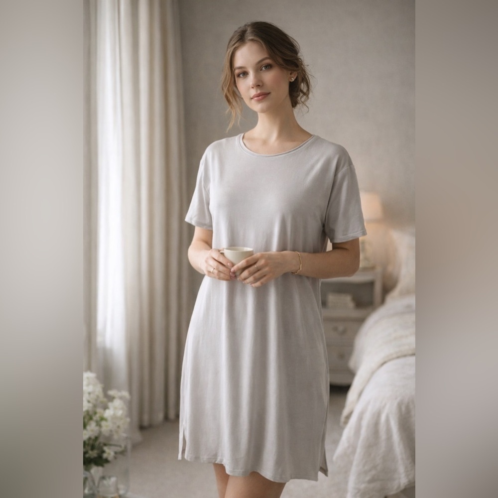 Neiwai Womens Pajama Dress Sz 2 Silver Birch Gray Tencel Modal Silk Minimalist